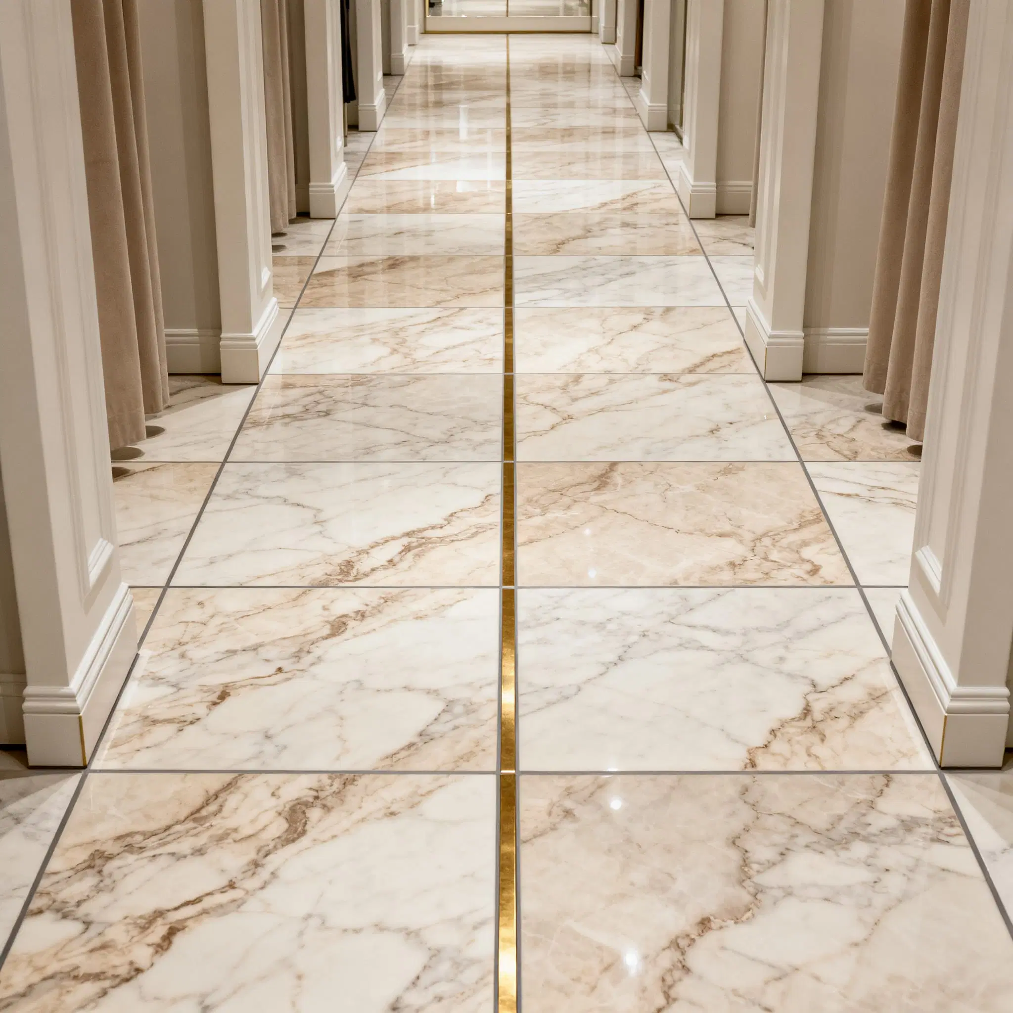 Marble floor tile with a narrow brass inlay