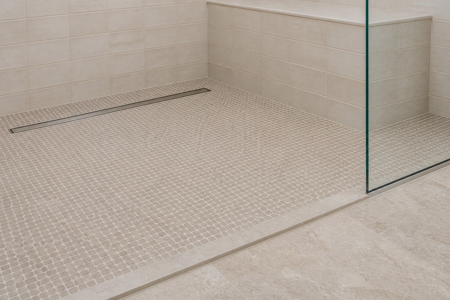 Close view of a mosaic shower floor meeting a linear drain, glass edge and bathroom tile