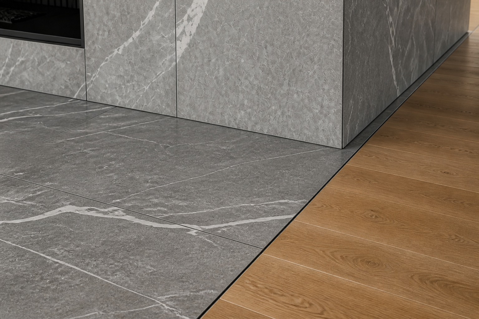 Close view of porcelain floor and fireplace panels meeting a wood floor