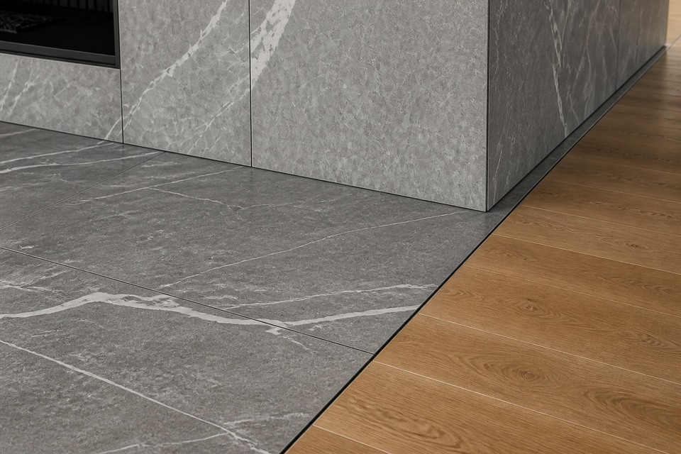 Close view of porcelain floor and fireplace panels meeting a wood floor