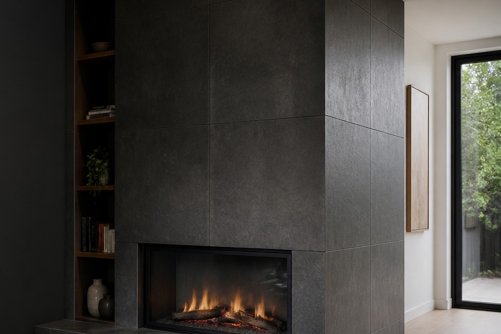Detailed view for Fireplace Tile Installation showing joint alignment, edges and changes of plane