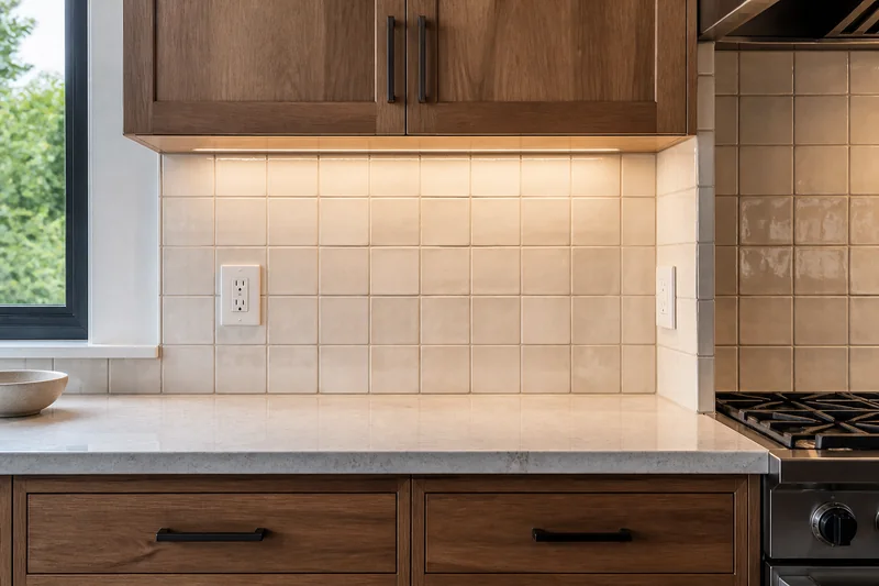 Kitchen backsplash tile installation planning with outlets, an inside corner and cabinet edges