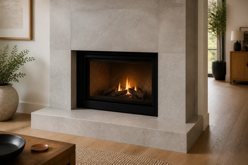 Fireplace tile installation planning with a large-format porcelain surround, hearth and floor transition