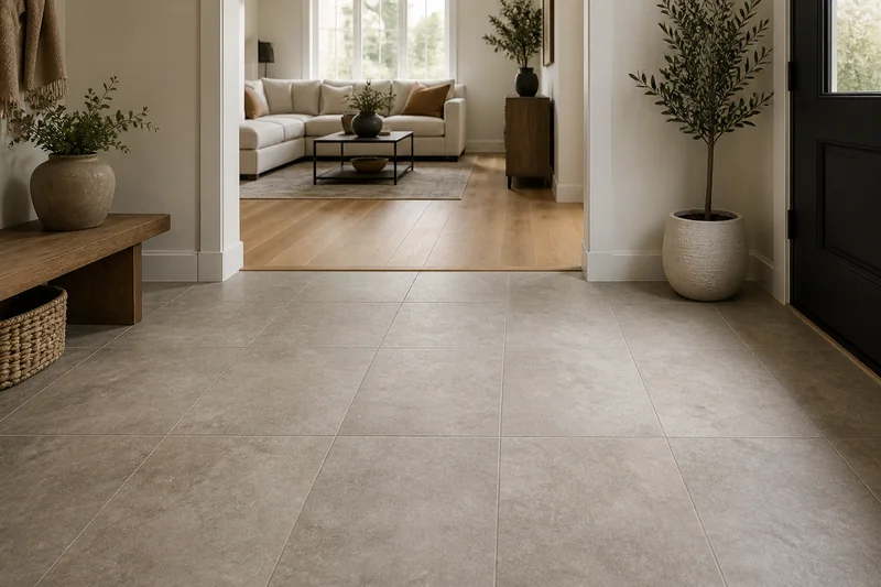 Floor tile installation planning with an entry, doorway and wood-floor transition