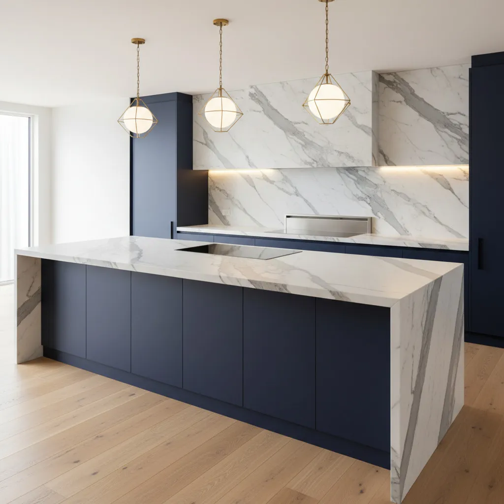 Marble-look kitchen backsplash beside a waterfall countertop
