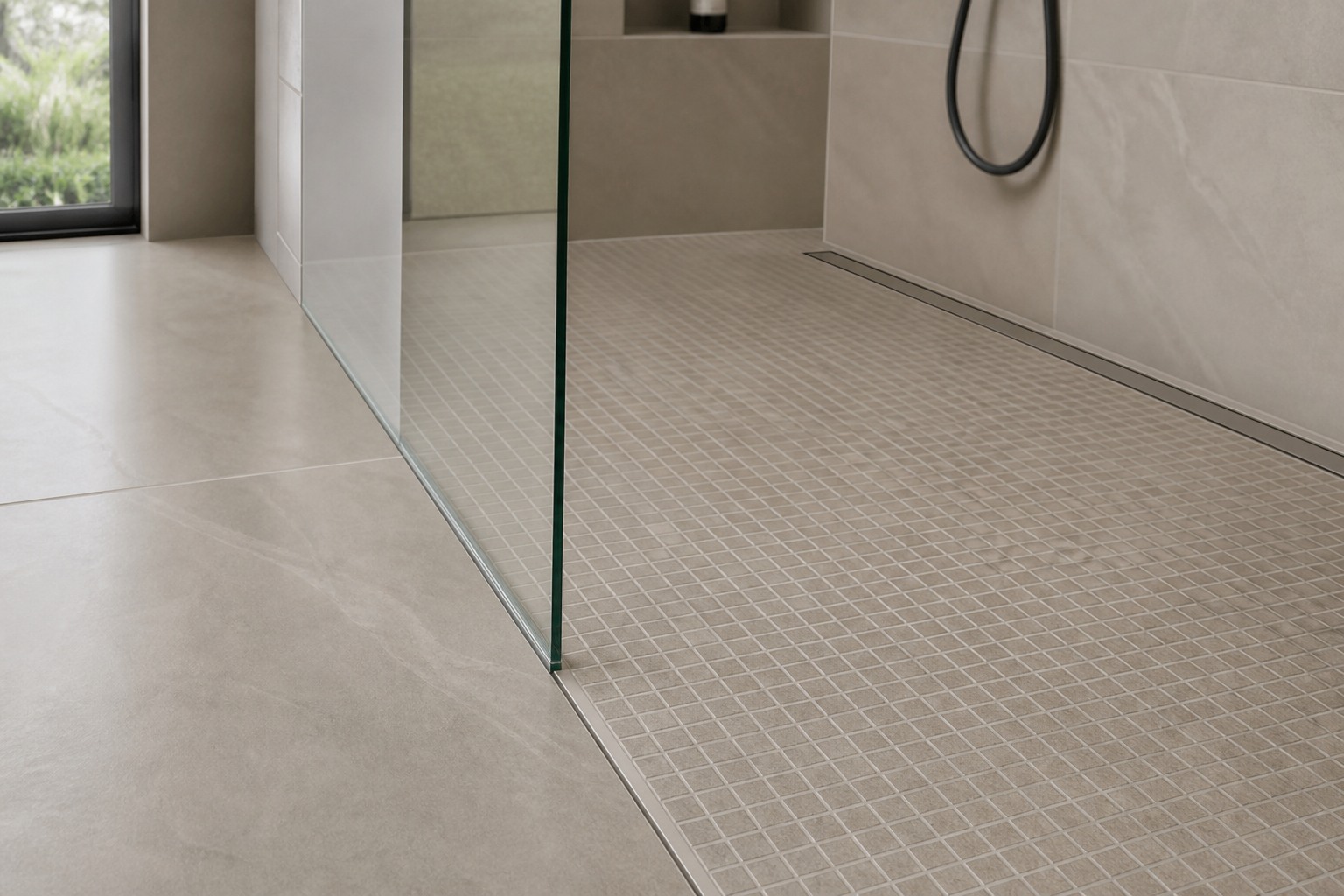 Curbless shower threshold with mosaic floor, glass channel and linear drain