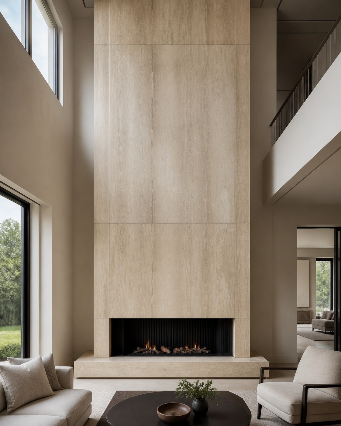 Double-height travertine-look porcelain fireplace in a quiet living room