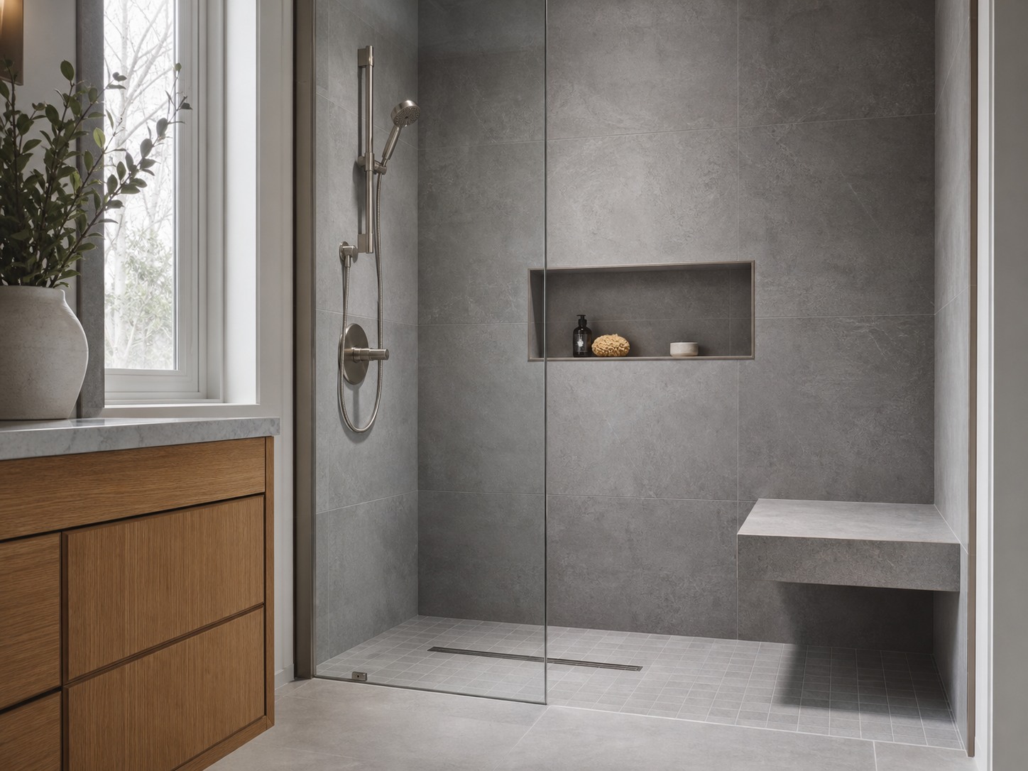 Blue-grey shower design with a floating bench and aligned niche