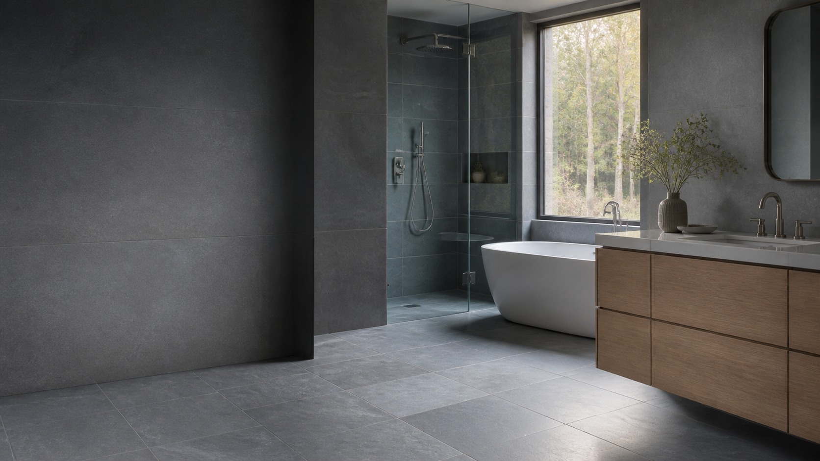 Blue-grey ensuite design with warm oak cabinetry and soft daylight