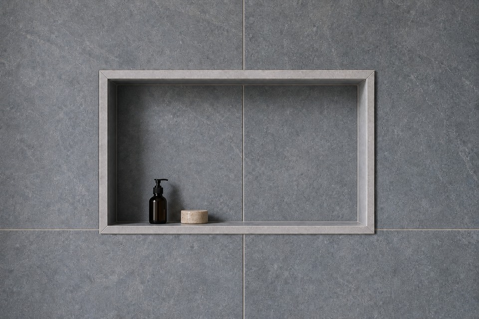 Close view of a framed shower niche aligned with grey large-format tile joints