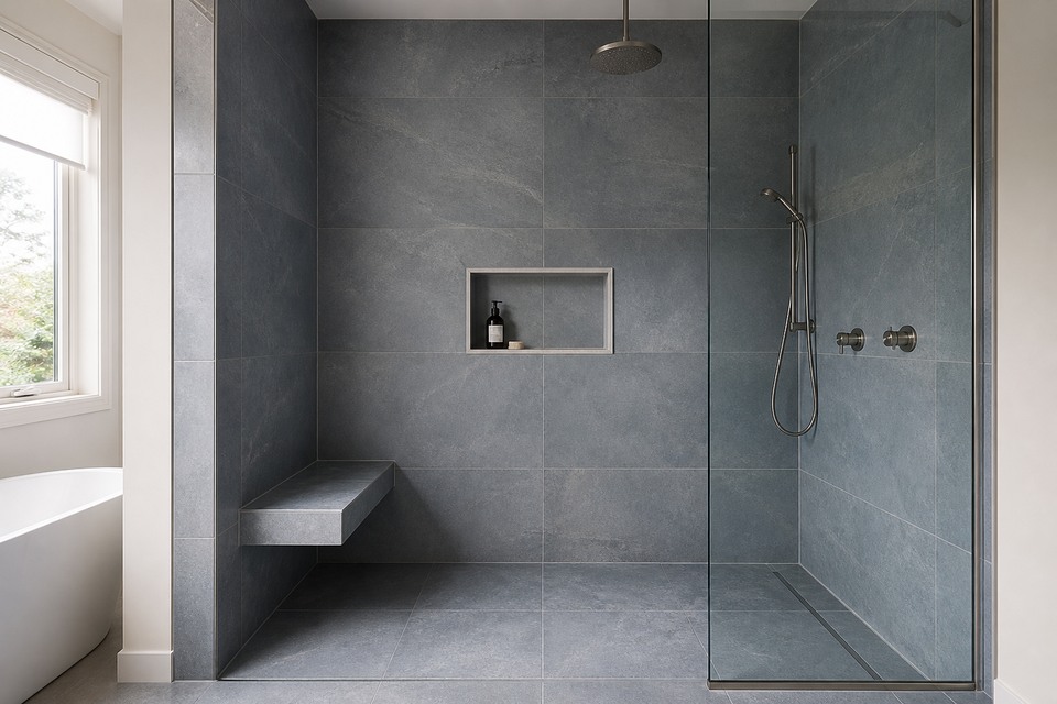 Room view of a grey large-format shower with a floating bench, framed niche and linear drain
