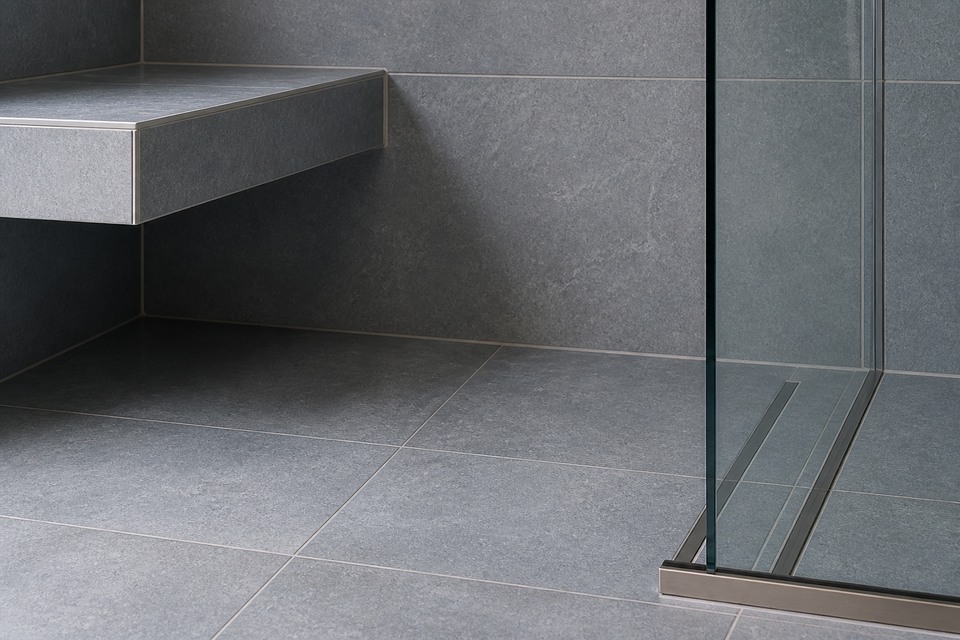 Close view of a floating shower bench beside a glass channel and linear drain