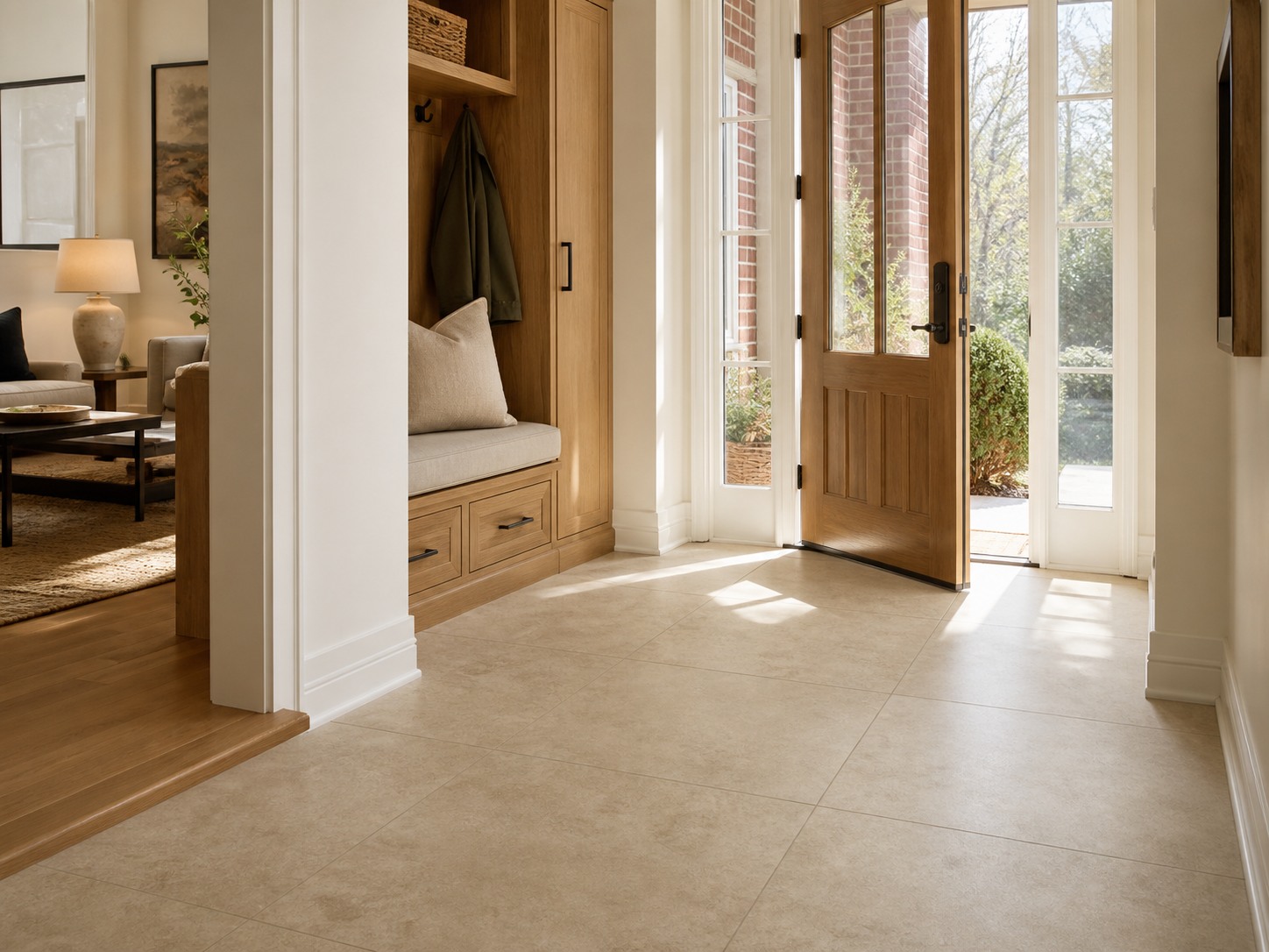 Entry design with limestone-look porcelain floor and oak built-ins