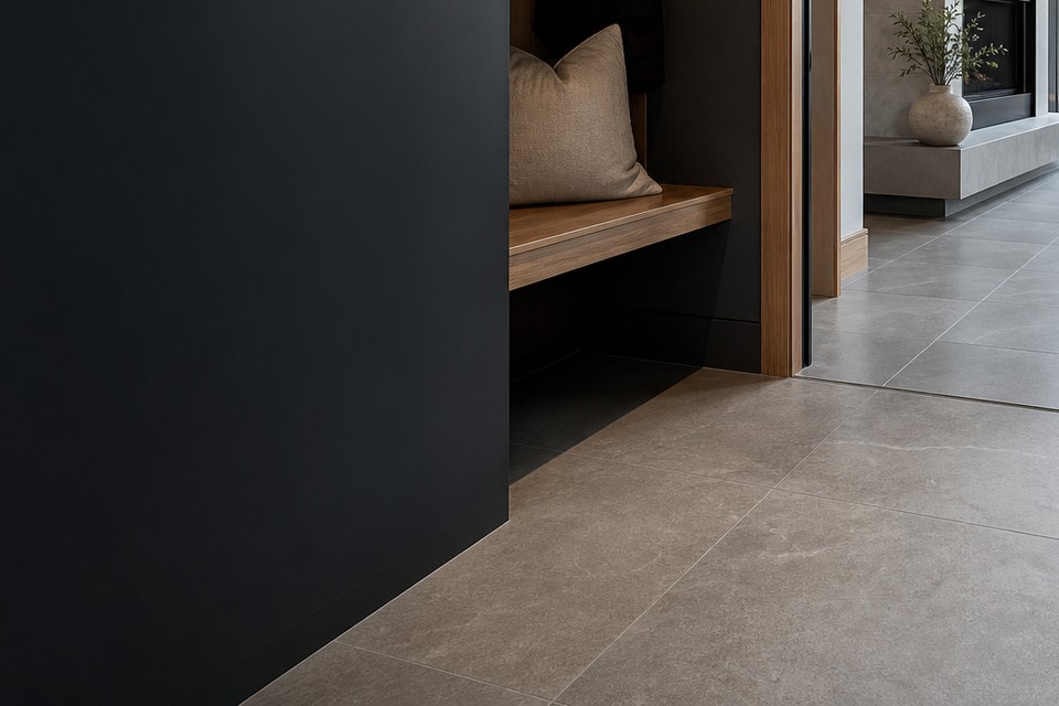 Detailed view for Tile installation in Barrie showing tile cuts, grout joints and surface transitions