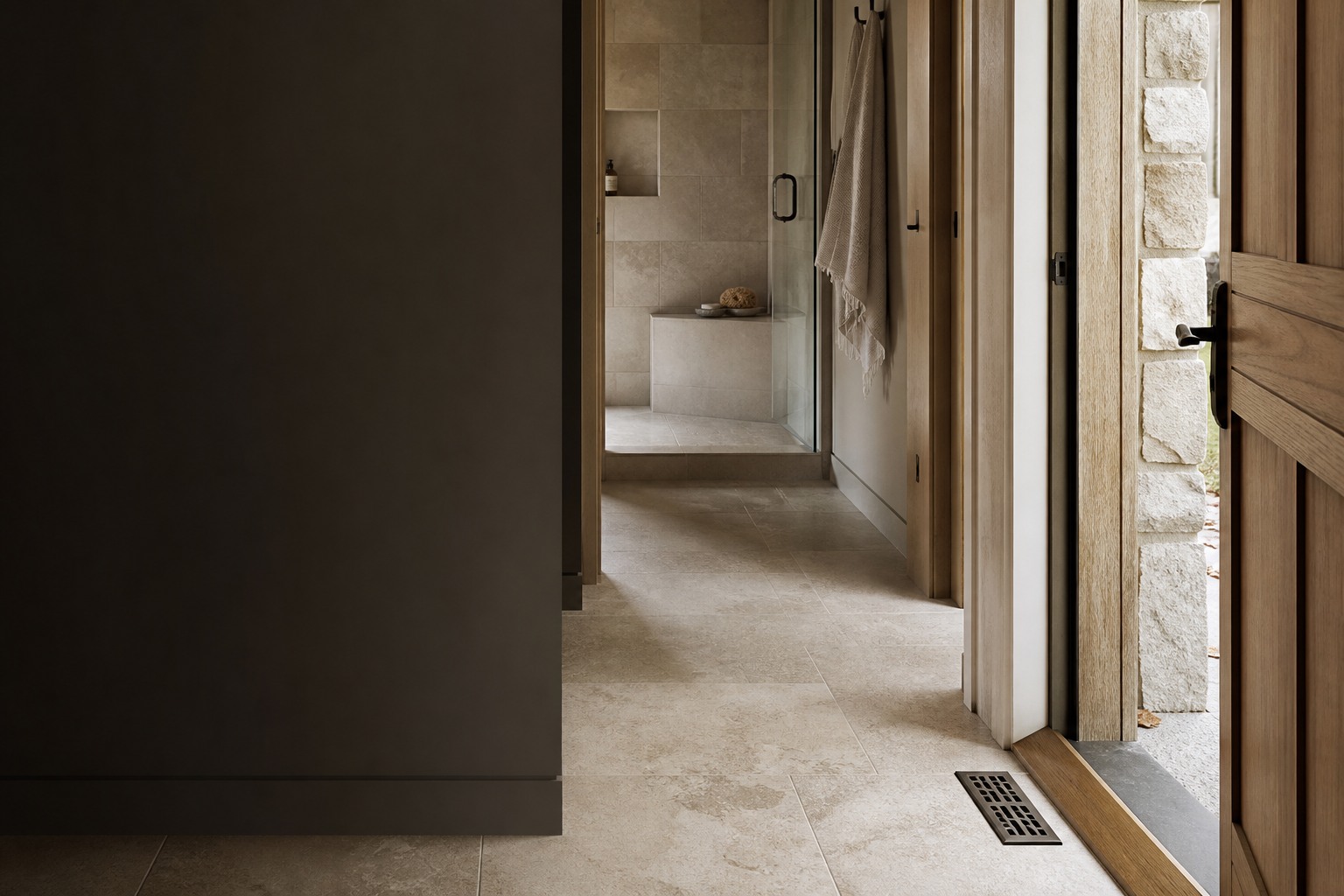 Tile installation in Caledon room view showing tile scale, joint layout and adjoining finishes