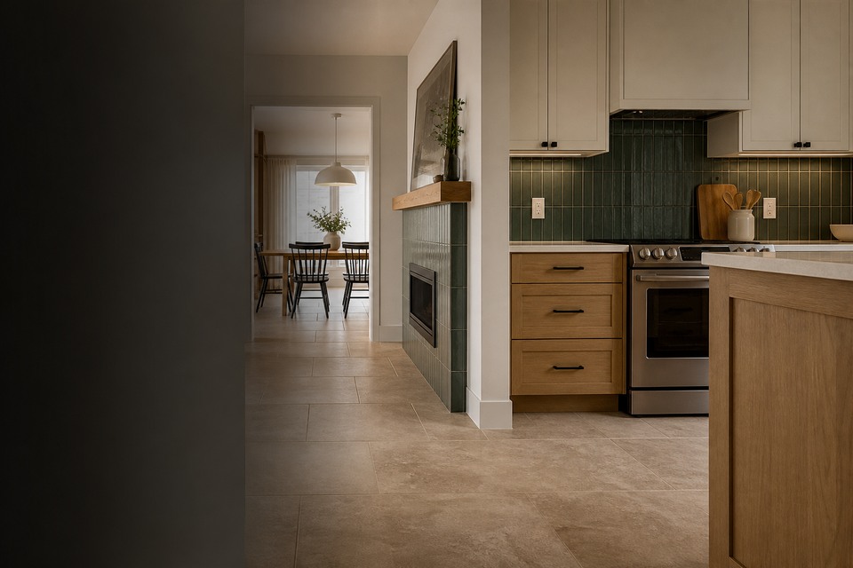Tile installation in Grimsby room view showing tile scale, joint layout and adjoining finishes