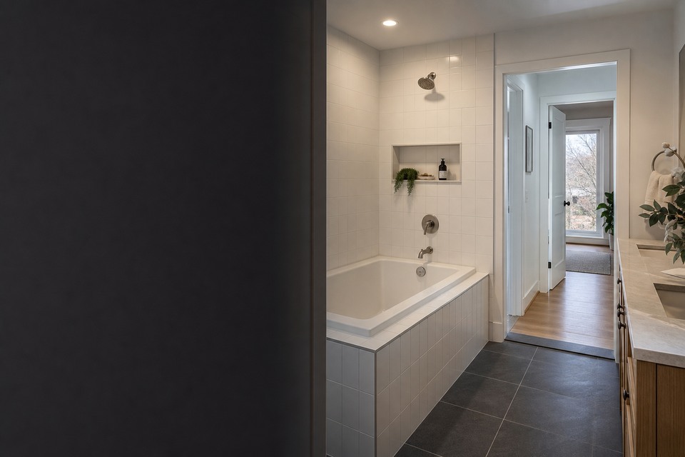 Tile installation in Oshawa room view showing tile scale, joint layout and adjoining finishes