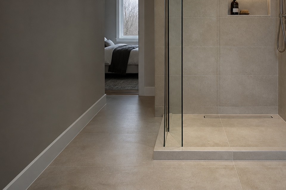 Detailed view for Tile installation in Richmond Hill showing tile cuts, grout joints and surface transitions