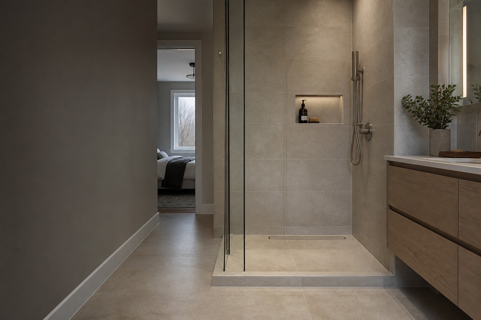Tile installation in Richmond Hill room view showing tile scale, joint layout and adjoining finishes