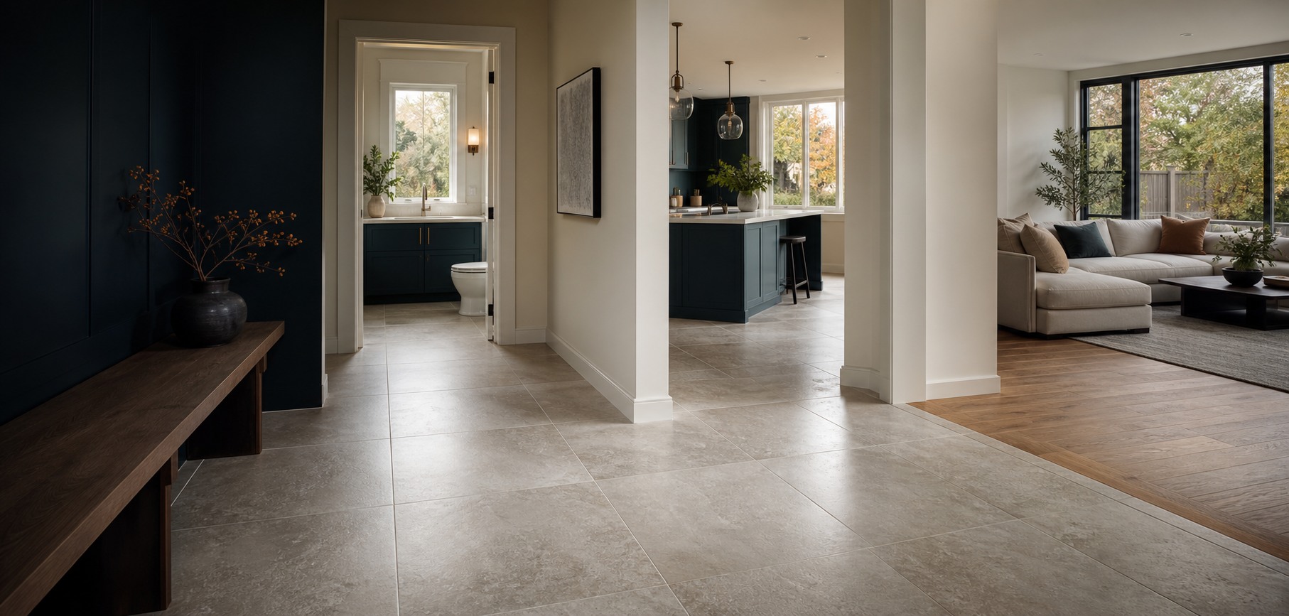 Limestone-look tiled entry connecting a bathroom, kitchen and living area