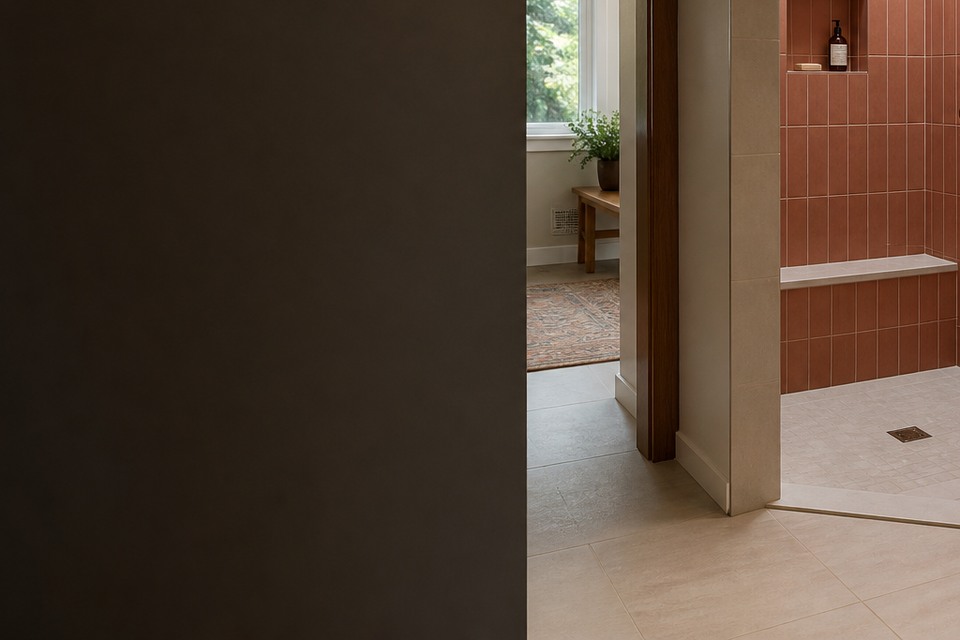 Detailed view for Tile installation in St. Catharines showing tile cuts, grout joints and surface transitions