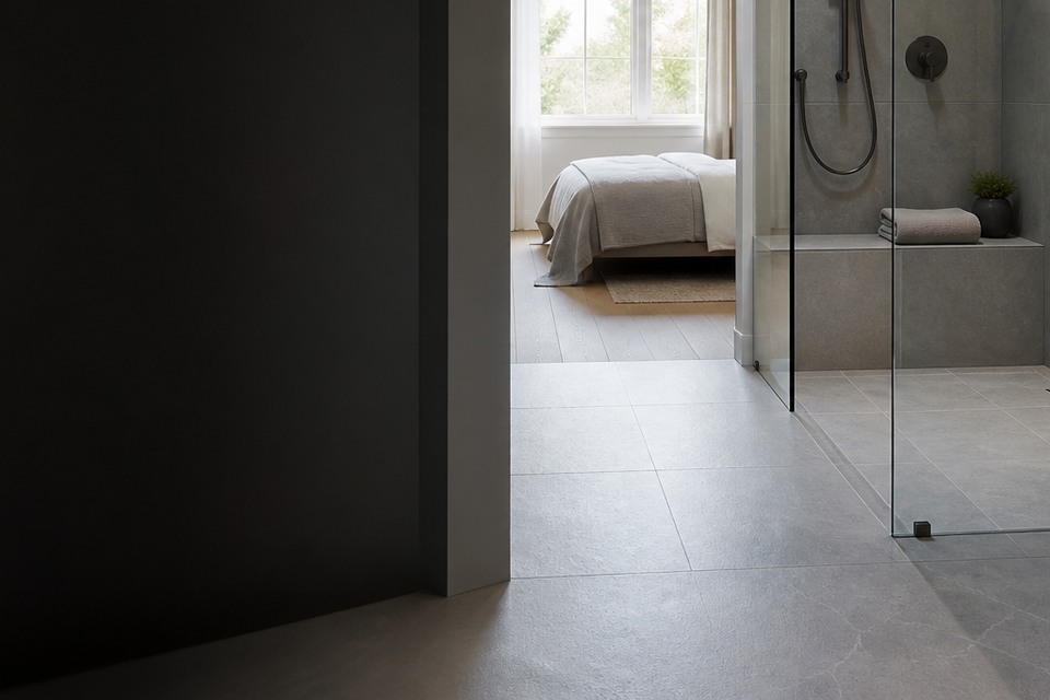Detailed view for Tile installation in Whitby showing tile cuts, grout joints and surface transitions